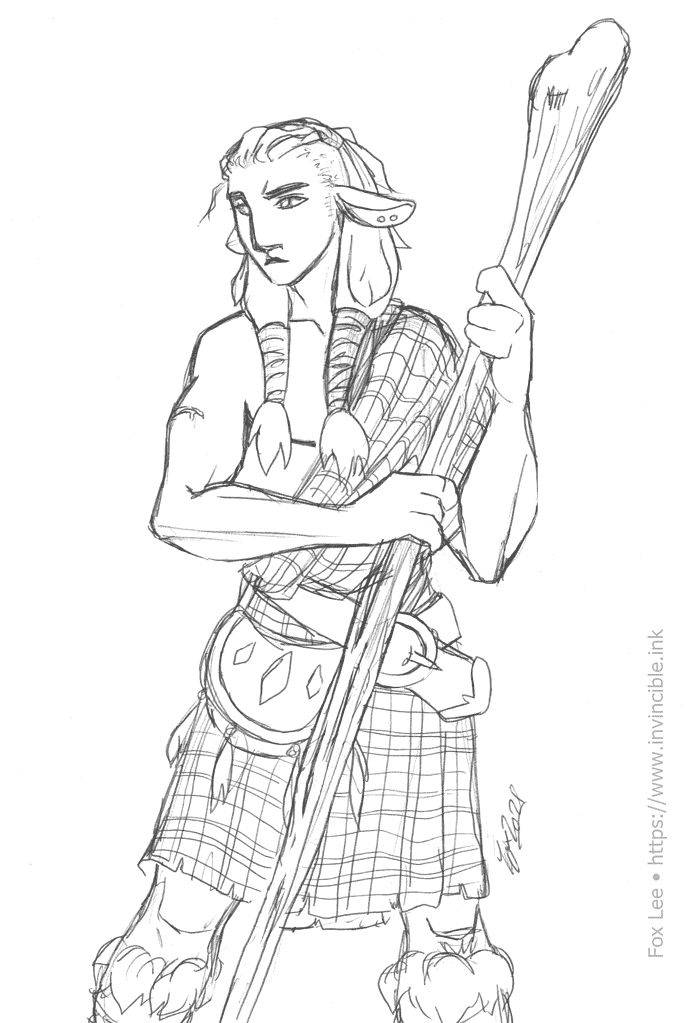 Sketch depicting a typical firbolg, wearing a garment based on a greatkilt and wielding a thick walking stick club.