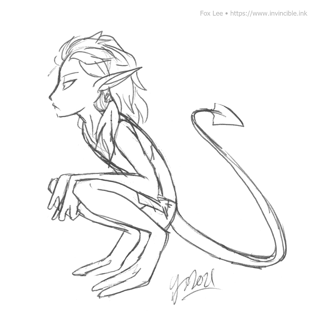 Sketch depicting a typical gruuwar crouching in an inquisitive pose.