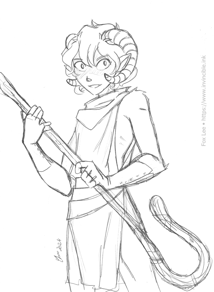 Sketch depicting a typical pooka, sporting curling ram horns, wearing a rustic garment and wielding a shepherd's crook.