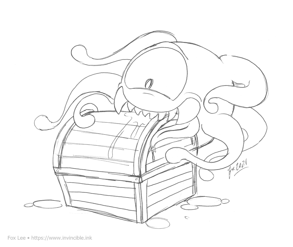 Sketch of a swallower chewing on the corner of a treasure chest